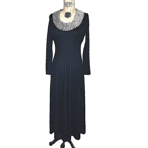 Vintage 70s Bernie Bee Long Black Dress with silver sequin neckline Size 2 NWT - Picture 2 of 15